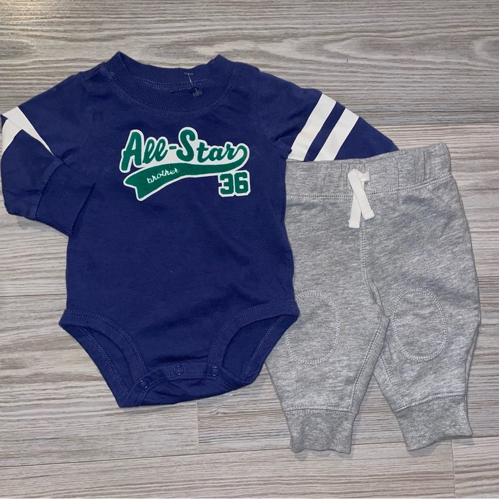 Carter’s Baby Boys 2 PC Outfit 3M “All-Star Brother 36” Blue Onesie & Gray Pants